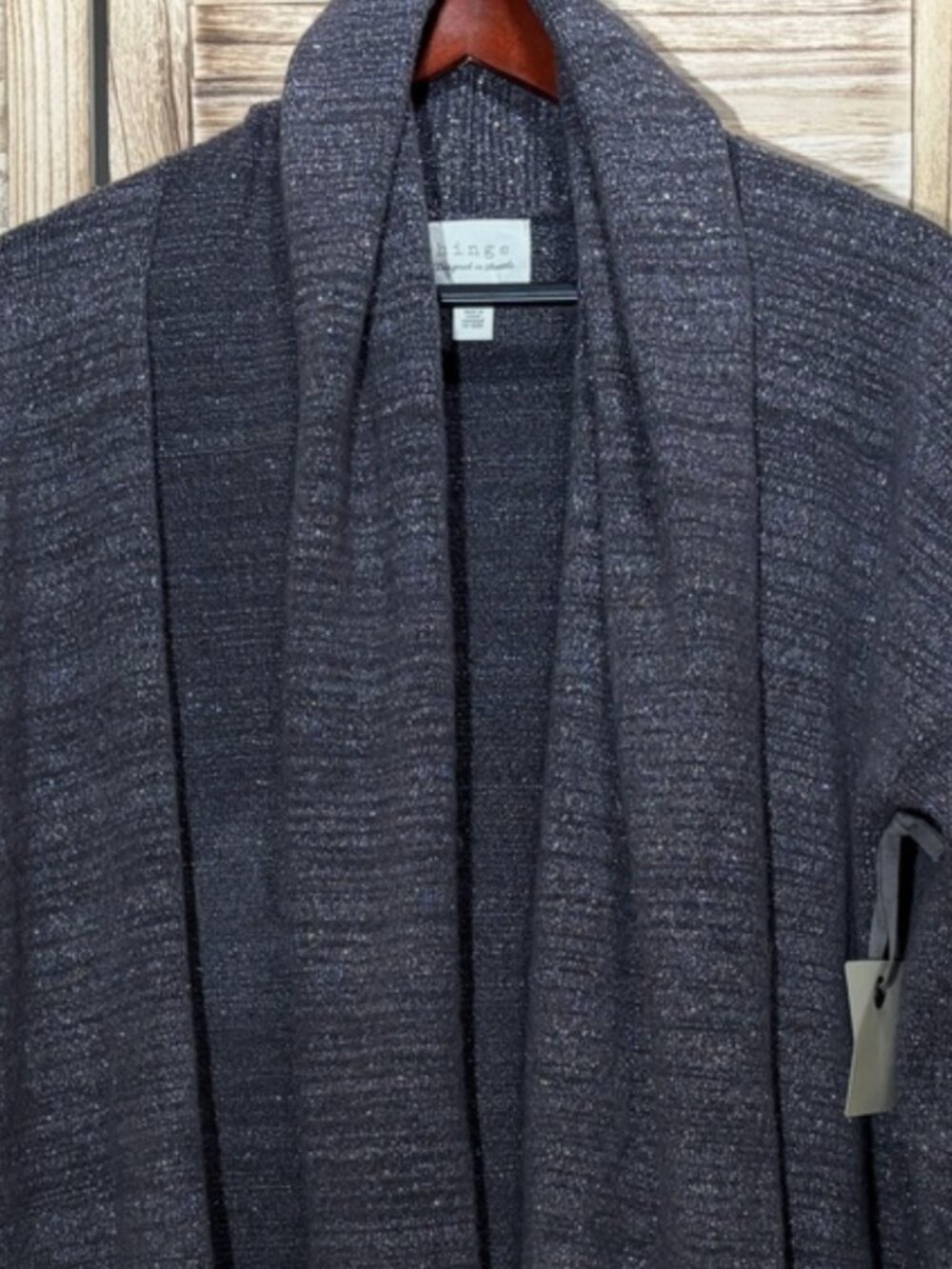 NWT Hinge Shimmering Charcoal Gray Silver Knit Open Cardigan Pockets M - Picture 3 of 7
